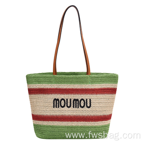 Custom Logo Fashionable Large Natural Summer Beach Bag Straw Shopping Bag with Long PU Leather Handle for Women Girls